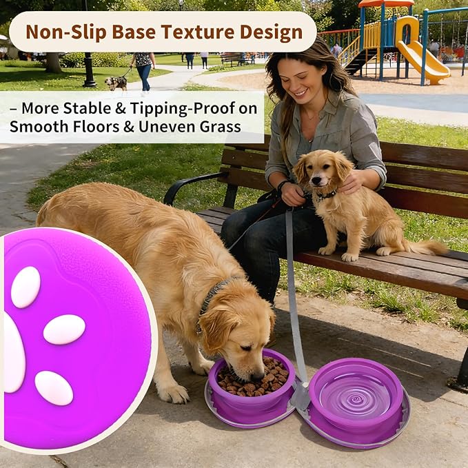 Collapsible Dog Bowls, 2-in-1 Silicone Pet Food and Water Bowl with Carabiner, Portable Double Compartment Dish for Travel, Camping, Hiking Puppy Essentials (A- Purple)