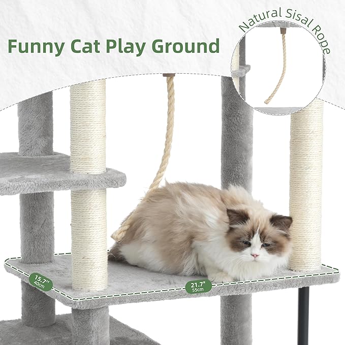 Gitelsnour Cat Tree for Indoor Cats Large Adult, 70.5'' Cat Tower with Scratching Post, Sturdy Steel Pube Cat Tree Tower with Large Playing Platfrom, Hammock and Basket, Top Perch, Light Gray GCT024W