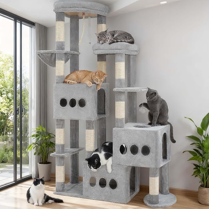 Gitelsnour Sturdy Cat Tree with 3 Large Cat Condos, 3 Platfroms, 71.7'' Cat Tree Tower for Indoor Cats Large Adult, Heavy Duty Cat Tower with 10 Scratching Posts for 20 lbs+Cats, Light Gray GCT036W
