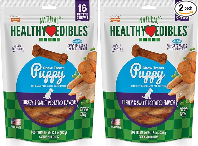 Nylabone Healthy Edibles Natural Puppy Chews Long Lasting Treats for Puppies,Turkey & Sweet Potato Flavor,X-Small/Petite,16 Count (Pack of 2)