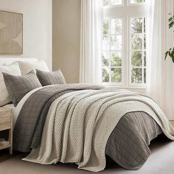 EVERGRACEHOME Chunky Chenille Knit Throw Blanket for Couch, Soft Luxurious Oversized Queen Moss Stitch Blanket for Bed, Cozy Farmhouse Knitted Throw for Sofa, Warm Gray, 90" x 90"
