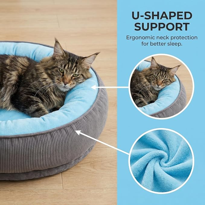 Calming Dog Bed for Small Dogs 18"x20" - Washable Donut Pet Bed with Anti-Slip Bottom, Soft Puppy Bed for Indoor Kittens and Cats with Removable Cover (Sky Blue)