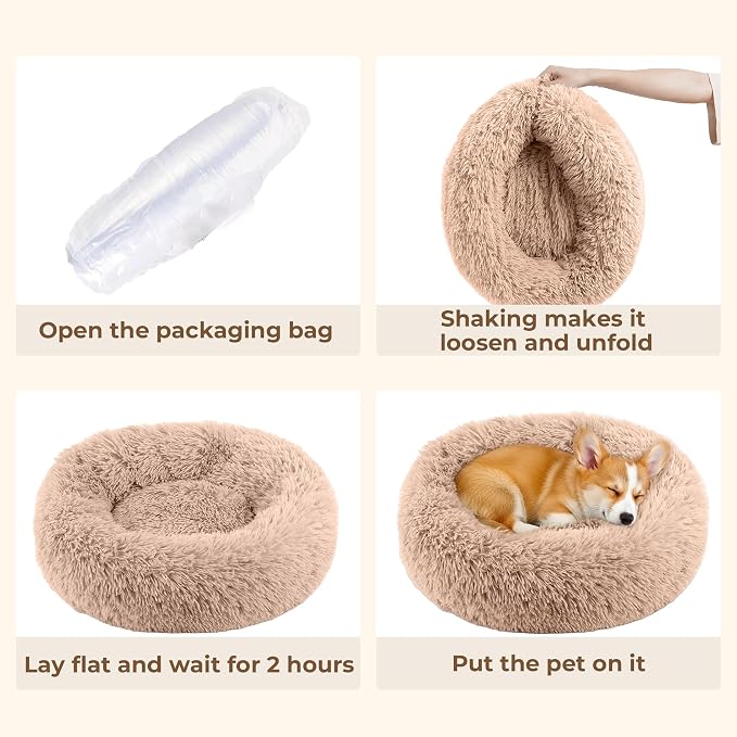 Calming Large Donut Dog and Cat Bed, Anti-Anxiety Round Soft Fluffy Plush Faux Fur Washable Anti-Slip Pet Bed for Medium Dogs Up to 35 lbs 28in (Camel)