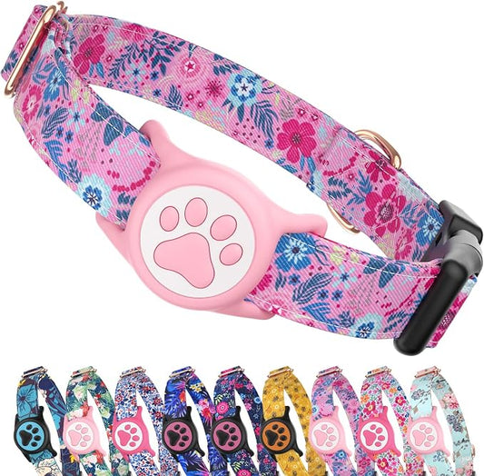 Airtag Dog Collar,with Waterproof airtag Holder，Original Stylish Cute Pattern Design.QR Code ID Buckle，Comfortable Soft Cotton for Small Medium Large Dogs