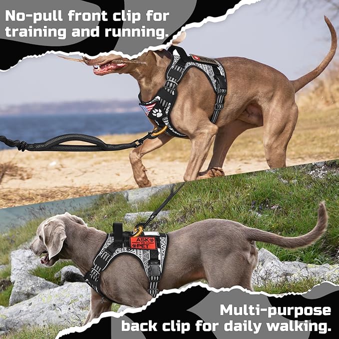 rabbitgoo Tactical Dog Harness for Large Dogs, No Pull Military Service Vest with Handle & Molle, Easy Control for Training Walking, Adjustable Reflective Straps, Black & White Geometric, S
