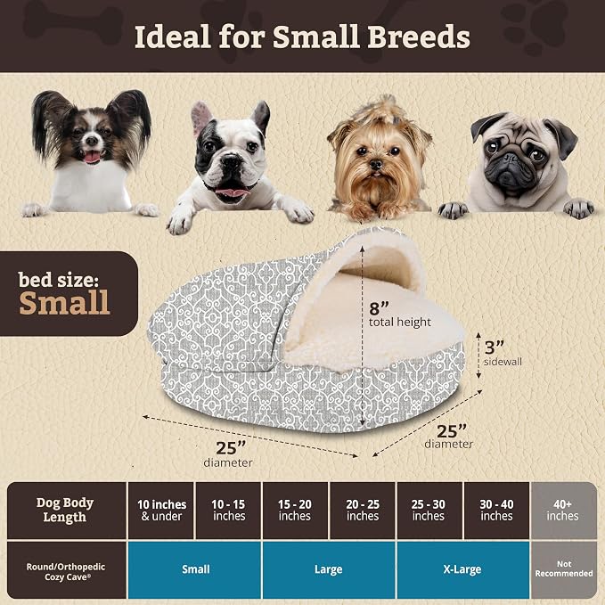 Snoozer Cozy Cave Dog Bed - Indoor Dog Bed with Cover Cave, Covered Calming Burrow for Small Sized Pets with Blanket Attached, Enclosed, Removable Washable Cover - Small, Ramey Gray