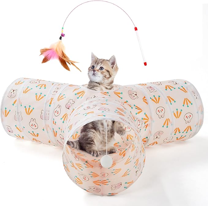 Tempcore Cat Tunnel for Indoor Cats, 3 Way Collapsible Pet Play Tunnel with Teaser Wand, Peek Holes & Hanging Ball, Interactive Tube for Kittens & Rabbits, Pink Rabbit