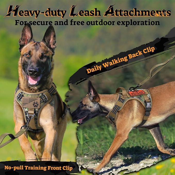 rabbitgoo Tactical Dog Harness for Large Dogs No Pull Adjustable Military Vest with Handle MOLLE Reflective Heavy Duty Dog Vest for Walking Training Hunting Outdoor Medium Size Dog Brown Camo L