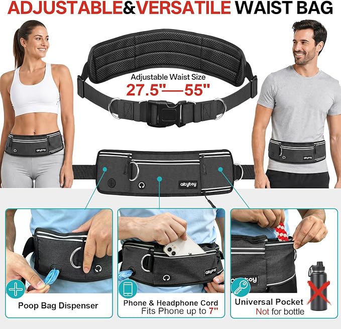 Hands Free Double Dog Leash for Two Dogs,240LB Heavy Duty Retractable with Partitioned Pouch Adjustable Waist for Walking Running Jogging Hiking Biking Training for Medium/Large(Not for＜25LBS)