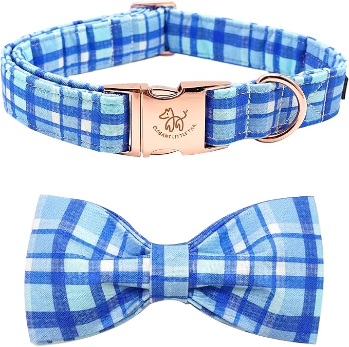 Elegant little tail Dog Collar, Blue Plaid Dog Collar Bow Boy Pet Collar with Metal Buckle Pet Dog Bows Soft Adjustable Dog Collar for Large Dogs