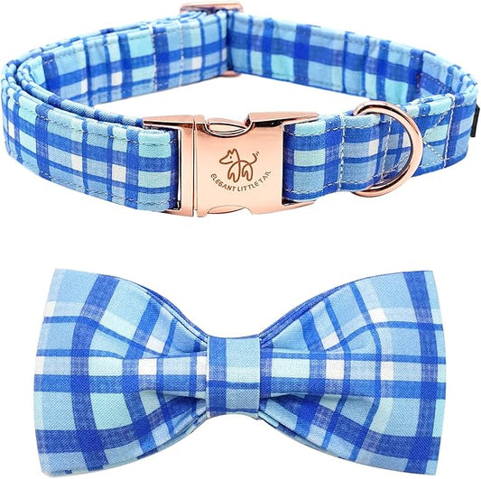 Elegant Little Tail Blue Plaid Dog Collar Bow with Metal Buckle - Soft, Adjustable for X-Small Dogs