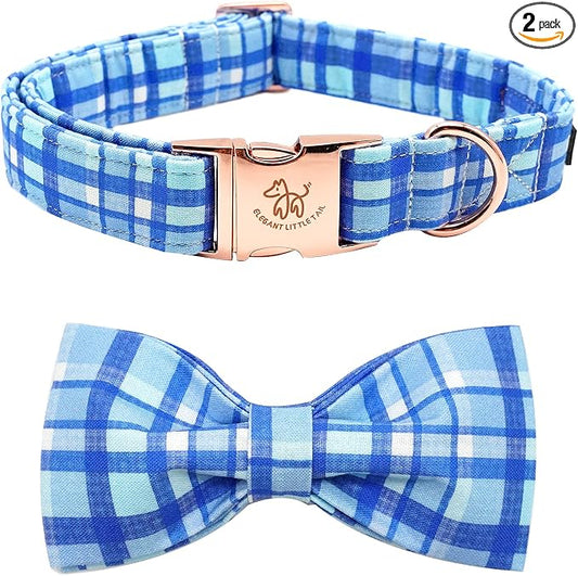 Elegant little tail Dog Collar with Bow - Blue Plaid Boy Dog Collar Cute Bowtie Pet Collar Adjustable Dog Collar for X-Small Puppy and Cat