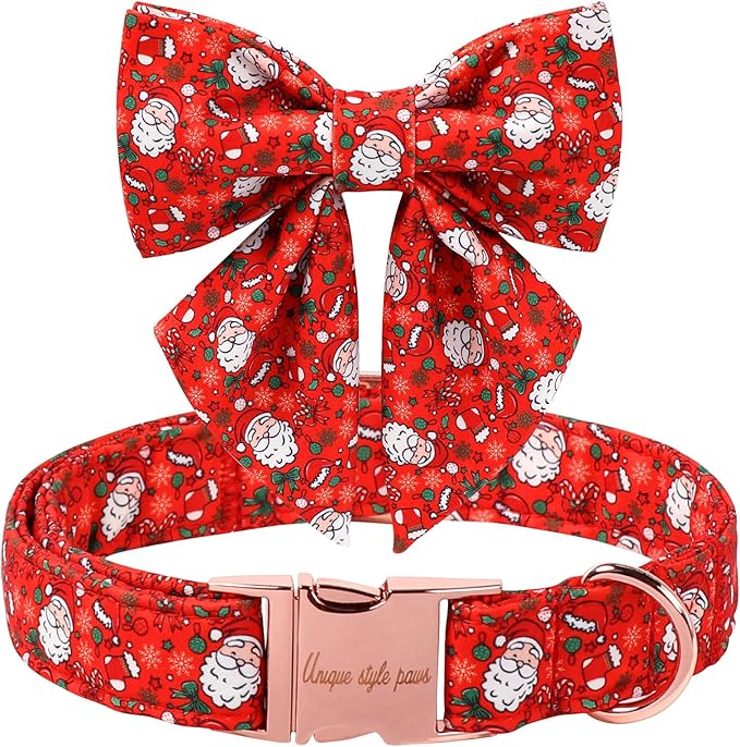 Unique Style Paws Christmas Dog Collar with Bowtie Red Hat Christmas Man Cotton Puppy Collars for Small Medium Large Dogs