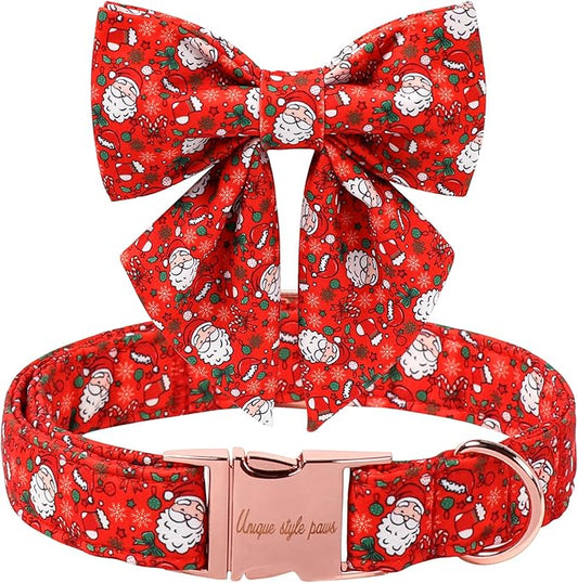 Unique Style Paws Christmas Dog Collar with Bowtie Red Hat Christmas Man Cotton Puppy Collars for Small Medium Large Dogs