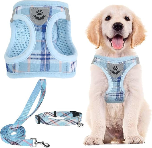 PUPTECK Adjustable Dog Harness Collar and Leash Set Step in No Pull Pet Harness for Small Medium Dogs Puppy and Cats Outdoor Walking Running, Soft Mesh Padded Reflective Vest Harnesses, Blue M