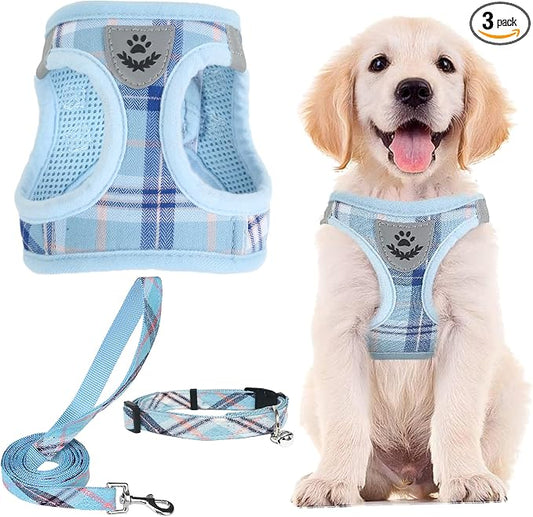 PUPTECK Adjustable Dog Harness Collar and Leash Set Step in No Pull Pet Harness for Small Medium Dogs Puppy and Cats Outdoor Walking Running, Soft Mesh Padded Reflective Vest Harnesses, Blue S