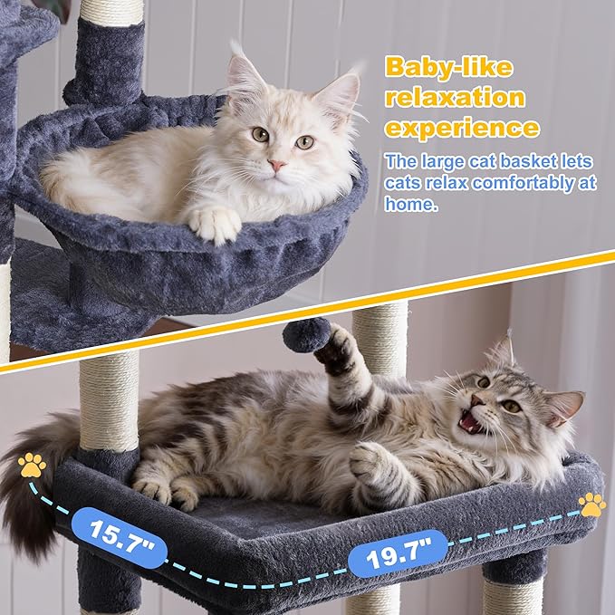 Hey-brother Cat Tree Tower, 71.5 Inches Scratching Posts with Extra Large Platform, 2 Cozy Condos, 2 Hammocks and Scratch Boards, Multi-Level House for Multiple Indoor Cats, Smoky Gray MPJ085G