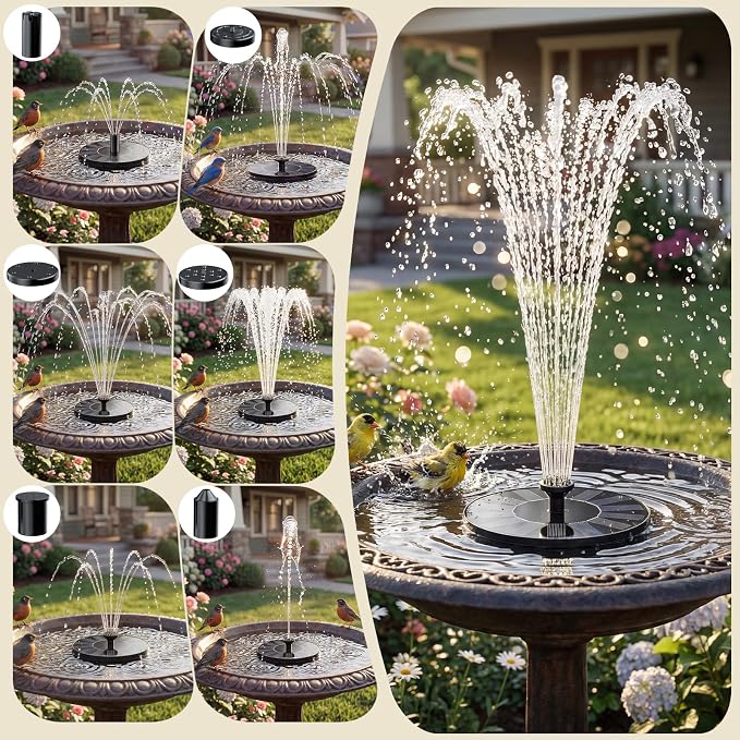 AISITIN Solar Water Fountain, 1.4W Solar Bird Bath Fountains with 6 Nozzle, New Upgrade Floating Solar Fountain Pump for Bird Bath, Outdoor, Garden, Pond, Fish Tank, Small Pool