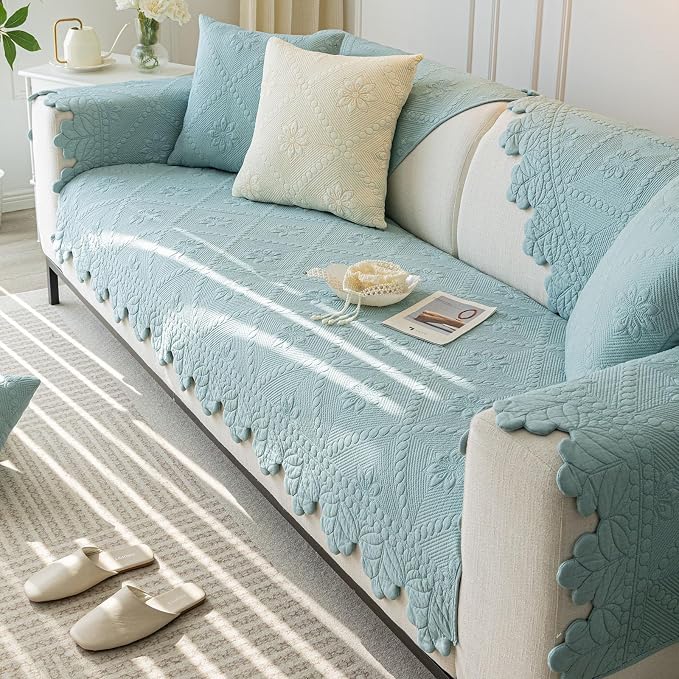 Cotton Quilted Dog Couch Cover for Sofa Farmhouse Rustic Embroidery Sectional Couch Cover Soft Anti-Slip Sofa Slipcover Furniture Protector for Kids, Pets (Blue,36"x94")