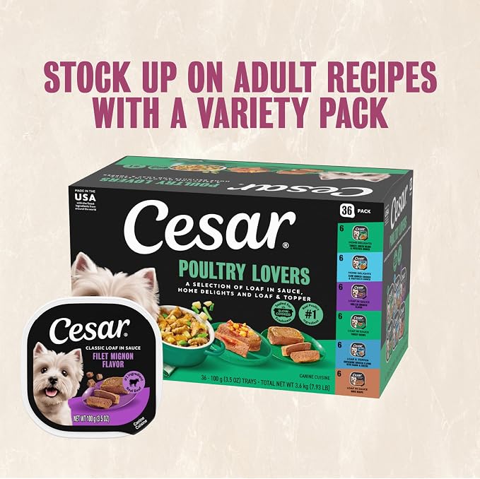 Cesar Adult Wet Dog Food Steak Lovers Variety Pack with Real Meat, 3.5 oz. Easy Peel Trays, 36 Count (Pack of 1)