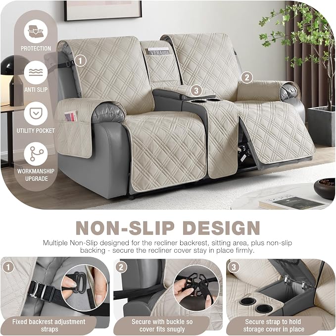 TAOCOCO Reclining Loveseat Cover with Console, 100% Waterproof Pet Covers for Dual Recliner with Mug Holder, Split Console Cover Loveseat Covers Furniture Pet & Kids Protector (2 Seater, Cream)