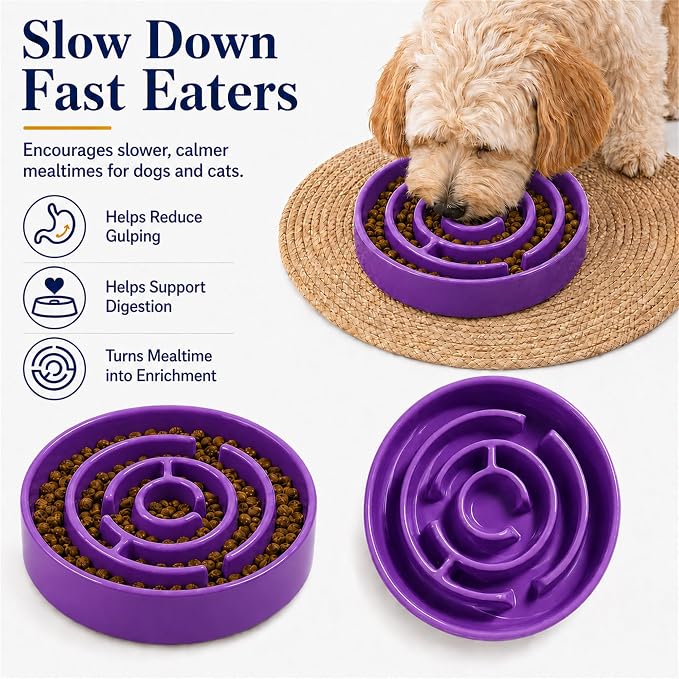 Ceramic Slow Feeder Dog Bowls with Anti-Slip, Slow Feeder & Non-Slip Design, Boredom and Anxiety Reducer, Suitable for All Breed Dogs and Cat (Ceramic-Purple)
