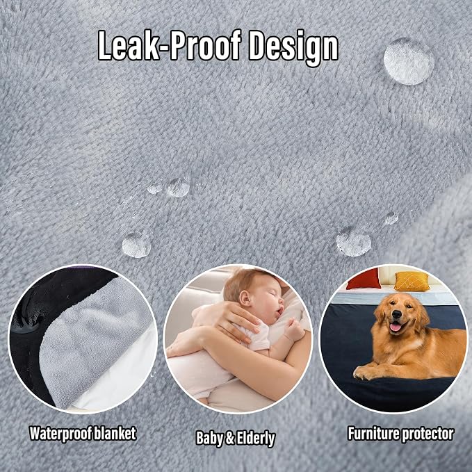 Ahinahwap Waterproof Blanket for Bed, 80"x90" Leak-Proof Design, Reversible & Washable King Size Waterproof Blanket, Large Water Resistant Blankets, Reusable (Black/Light Grew)