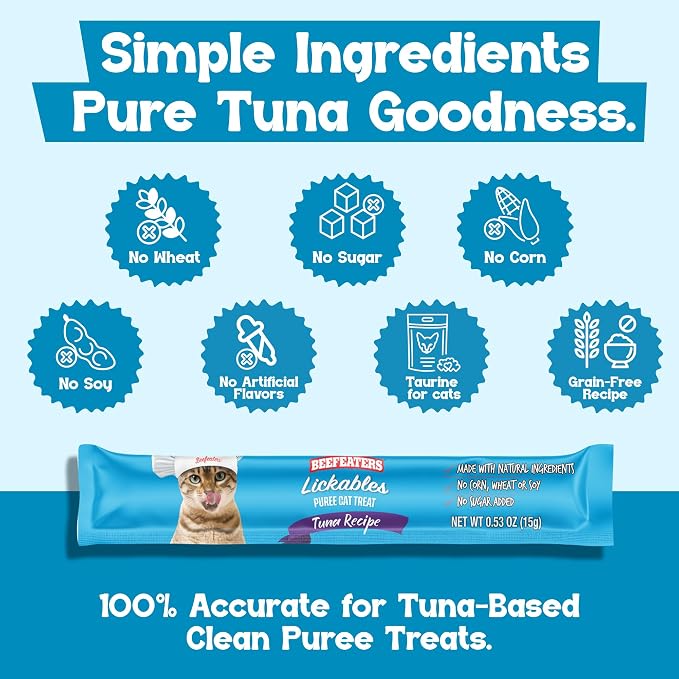 Beefeaters Tuna Pure Cat Treats 1.59oz (12 Pack) | Lickable Squeeze Tube Treats, Grain-Free, No Added Sugar, Real Tuna, Taurine-Enriched, Ideal for Bonding, Seniors, Toppers & Everyday Treating