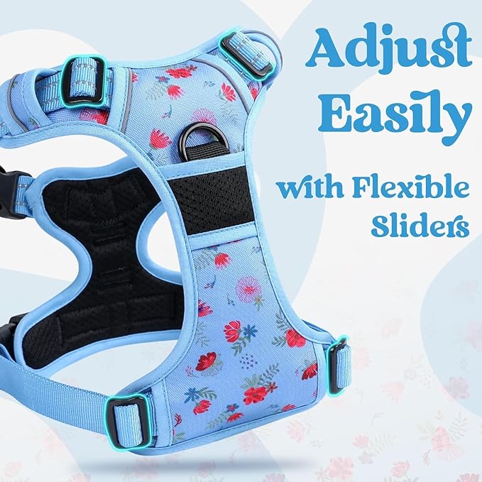rabbitgoo Dog Harness for Large, No Pull Easy On & Off with 3 Buckles Pet Harness, Adjustable Soft Walking Vest with 2 Clips and Handle, Reflective for Extra Large Dogs, Floral Blue, XL