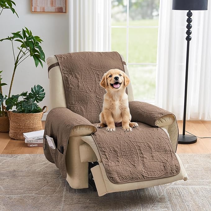 Toffee Quilted TV Recliner Covers, Medium Recliner Chair Covers, Lazy Boy Chair Covers, Pet Friendly Recliner Slipcover for Dogs, Washable Furniture Protector (Recliner 26", Raw Umber)