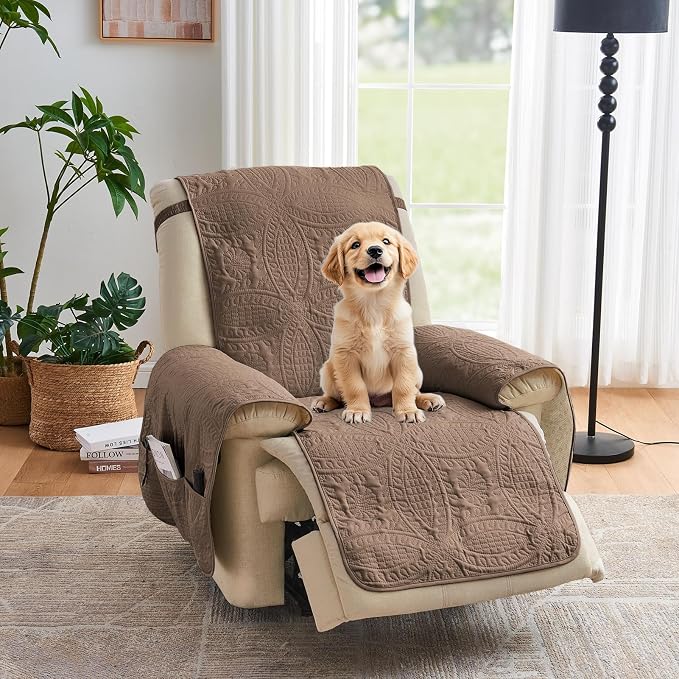Toffee Quilted Recliner Covers, Camel Large Recliner Chair Covers, Lazy Boy Chair Covers, Pet Friendly Recliner Slipcover for Dogs, Washable Furniture Protector (Recliner 30", Raw Umber)