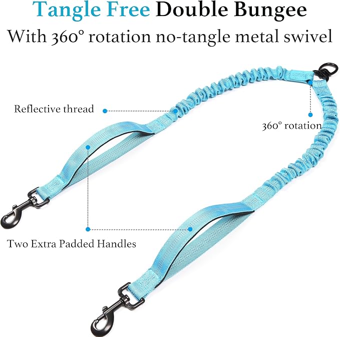 iYoShop Double Dog Leash with Three Extra Traffic Handles, 360 Swivel No Tangle Dual Dog Walking Leash, Comfortable Shock Absorbing Reflective Bungee for Two Dogs(15-120 lbs, Blue)