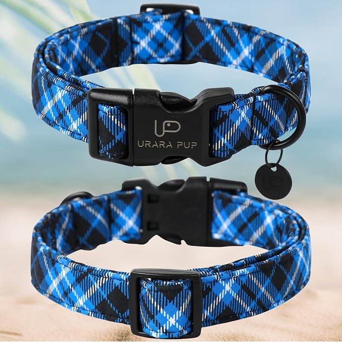 Autumn Cotton Dog Collar, Blue Plaid with Plastic Buckle, Adorable Pet Collar for Puppy, Cat or Dog