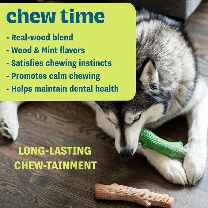 Dogwood Breath Dog Chew Toy – Real-Wood Blend, Moderate Chewers, Large, 8", 2-Pack (Natural & Mint Flavors)