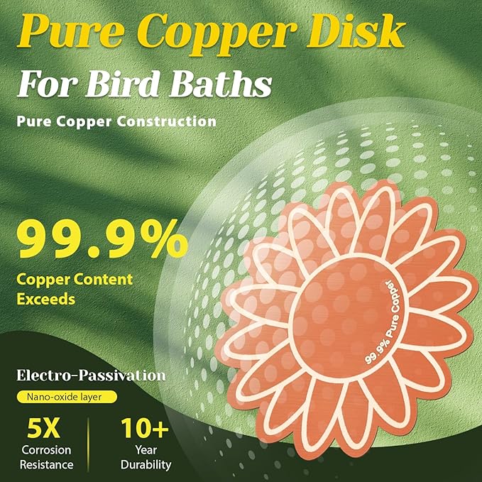 3Pcs Bird Bath Copper Purification Disk 99.99% Pure Copper Water Cleaning Discs 0.6mm Physical Clean Water for All-Season Universal Natural Fit for Outdoor Birdbath, Bowls, Garden Fountain (Sunflower)