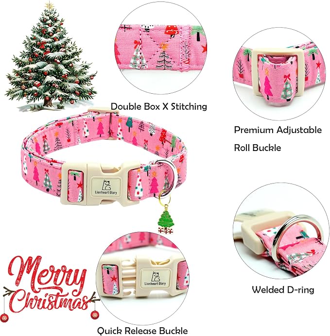 Lionheart glory Christmas Dog Collar, Pink Christmas Tree Dogs Collar Adjustable Soft Comfortable Collars for Small Dogs Girl or Boy Pet Gift Fall Cute Collar