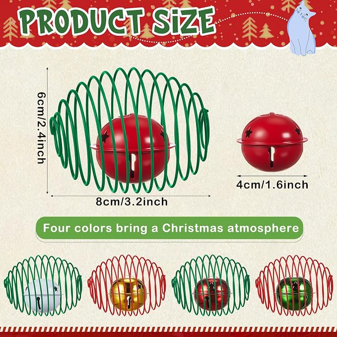 Jecery 5 Pcs Cat Spring Balls Toys Stretchable Rolling Balls Colorful Playful Coils Interactive Action Toy Caged Rats for Kitten Pet Supplies (Bell,Christmas Colors)