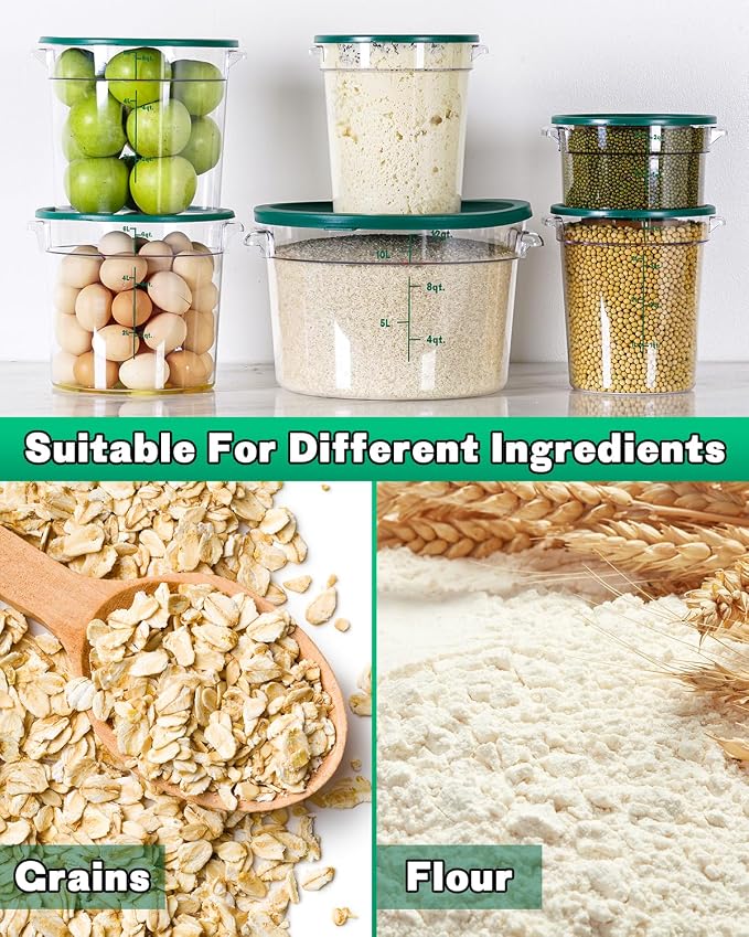 6QT NSF Round Food Storage Containers with Lids: 4 PCS [Total Food Grade][Hot&Cold Resistant] Dough Proofing Container for Pizza, Bread with Measuring Spoons Included(BPA FREE) (GREEN)