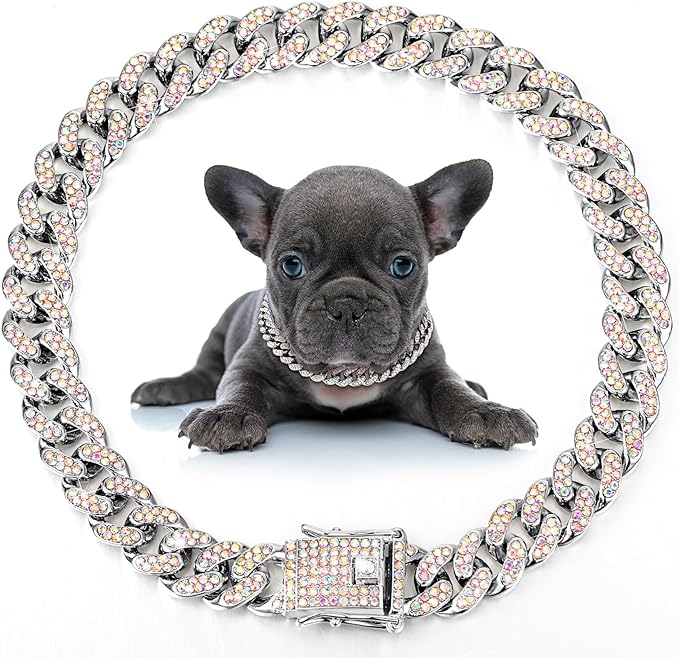 LEIFIDE Dog Chain Collar Diamond Link Puppy Collar 12 mm Wide Dog Necklace Metal Cat Chain Pet Crystal Necklace Jewelry Accessories for Small Medium Large Pet(8 Inch,Silver, AB Color)