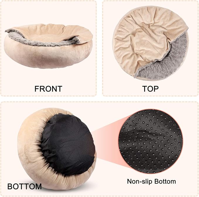 GASUR Small Dog & Cat Bed, 23'' Donut Pet Bed Mat with Hooded Blanket, Anti-Anxiety Burrow Cave Bed, Cozy Puppy Bed, Machine Washable, for Indoor Pets up to 20lbs