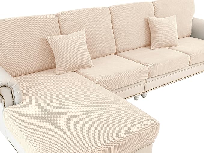 LA MEACK Couch Cushion Covers Seat Cushion Cover Stretch Couch Cover Separate Sectional Sofa Slipcovers Furniture Protector(3 Pieces for Seat or Sofa Backrest, Natural)