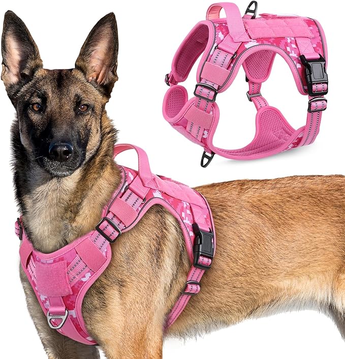 rabbitgoo Tactical Dog Harness for Large Dogs, No Pull Military Service Vest with Handle & Molle, Easy Control for Training Walking, Adjustable Reflective Straps, Black & Rose Red, S
