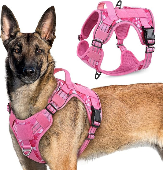 rabbitgoo Tactical Dog Harness for Large Dogs, No Pull Military Service Vest with Handle & Molle, Easy Control for Training Walking, Adjustable Reflective Straps, Black & Rose Red, S