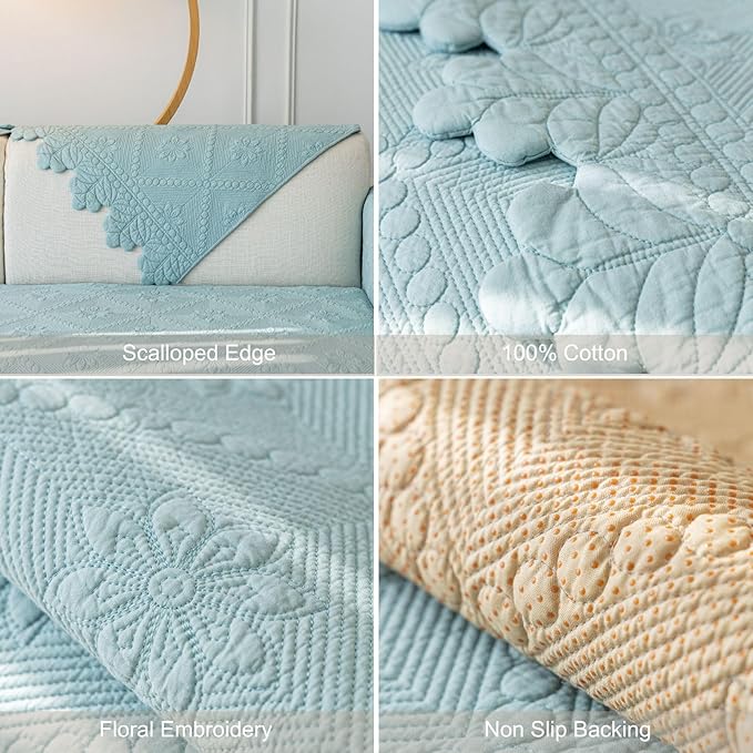 Cotton Quilted Dog Couch Cover for Sofa Farmhouse Rustic Embroidery Sectional Couch Cover Soft Anti-Slip Sofa Slipcover Furniture Protector for Kids, Pets (Blue,36"x36")