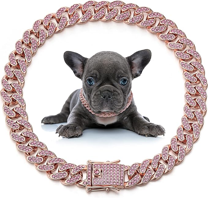 LEIFIDE Dog Chain Collar Diamond Link Puppy Collar 12 mm Wide Dog Necklace Metal Cat Chain Pet Crystal Necklace Jewelry Accessories for Small Medium Large Pet(22 Inch,Rose Gold, Pink)