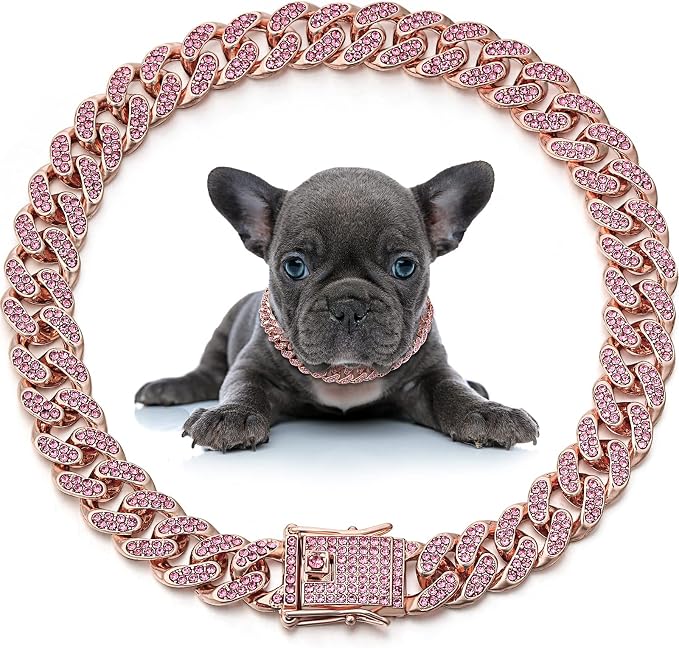 LEIFIDE Dog Chain Collar Diamond Link Puppy Collar 12 mm Wide Dog Necklace Metal Cat Chain Pet Crystal Necklace Jewelry Accessories for Small Medium Large Pet(24 Inch,Rose Gold, Pink)
