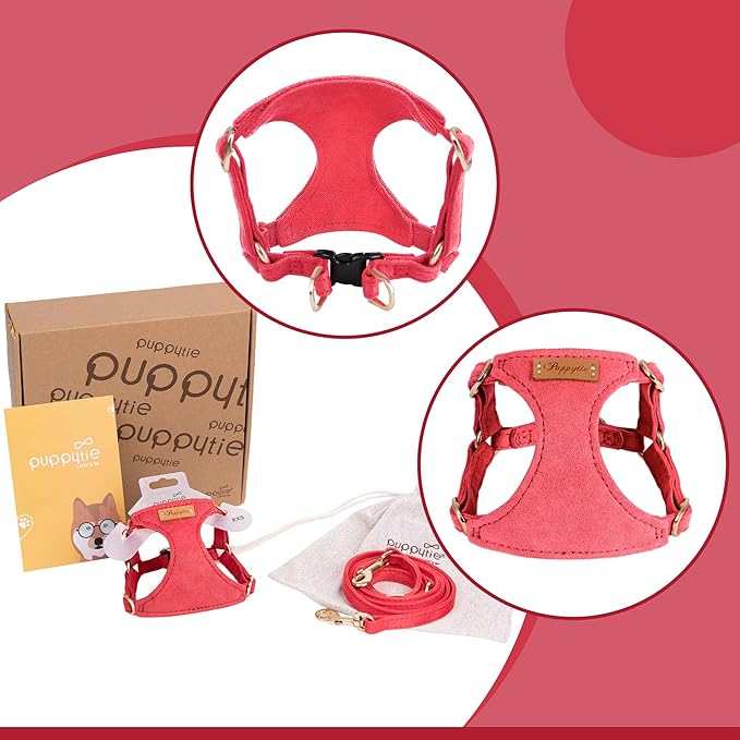 Puppytie xs Dog Harness with Multifunction Dog Leash,Soft Adjustable No Choke Escape Proof Pet Harness Vest,red-Camellia,XS