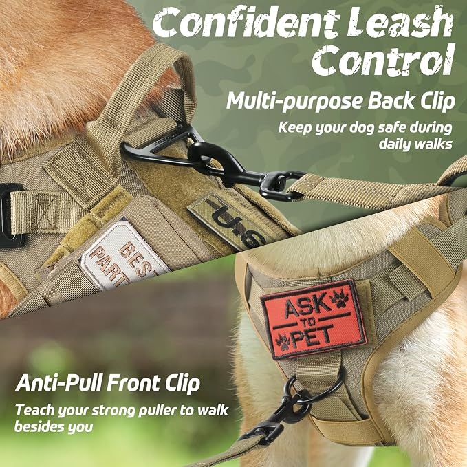 rabbitgoo Tactical Dog Harness Medium Sized, Heavy Duty Pet Harness with Handle, No-Pull Service Vest Medium Breed, Adjustable Military Dog Vest for Training Hunting Walking, Brown, M