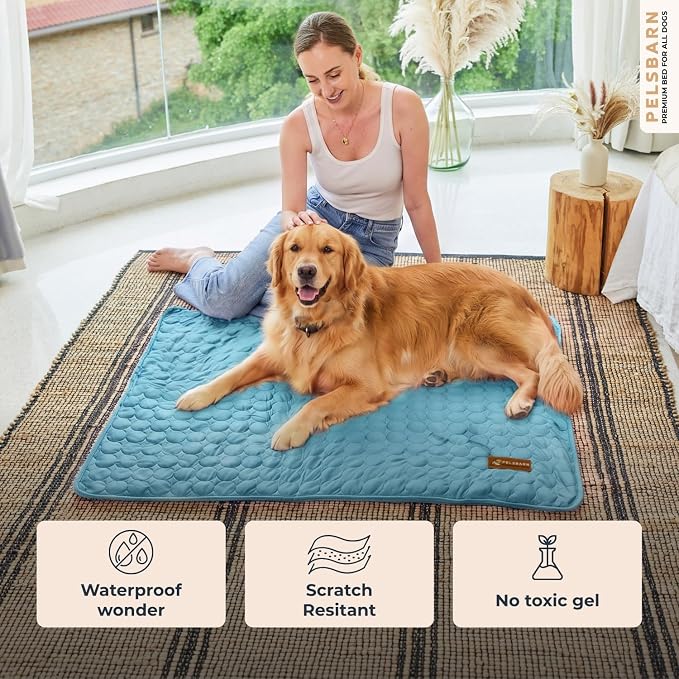 Pelsbarn Dog Cooling Mat- Ice Silk Summer Comfort, Self Cooling, Non-Slip Dog Pad, Durable & Washable, Mat for Extra Large Dogs 33 x 45, Support Shelter Dogs with Every Purchase (Blue)