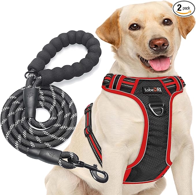 tobeDRI No Pull Harness Adjustable Reflective Oxford Easy Control Medium Large Dogs with A Free Heavy Duty 5ft Leash Black/Red Harness+Leash (E-DH F 004)